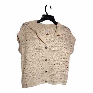 Cream Openwork Crochet Button-Up Top